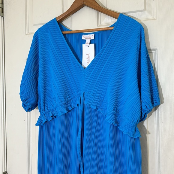 NWT Aqua Blue Pleated Midi Dress Drawstring Waist Size Large - Picture 3 of 9